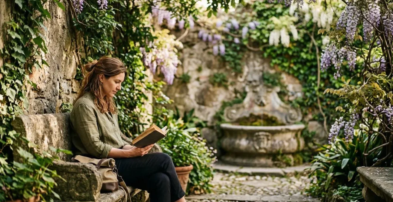 Angolo nascosto di un giardino urbano italiano con panchina e libro