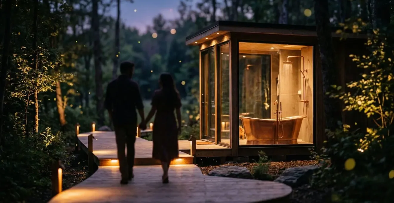 Spa privata esterna illuminata di notte con vasca idromassaggio