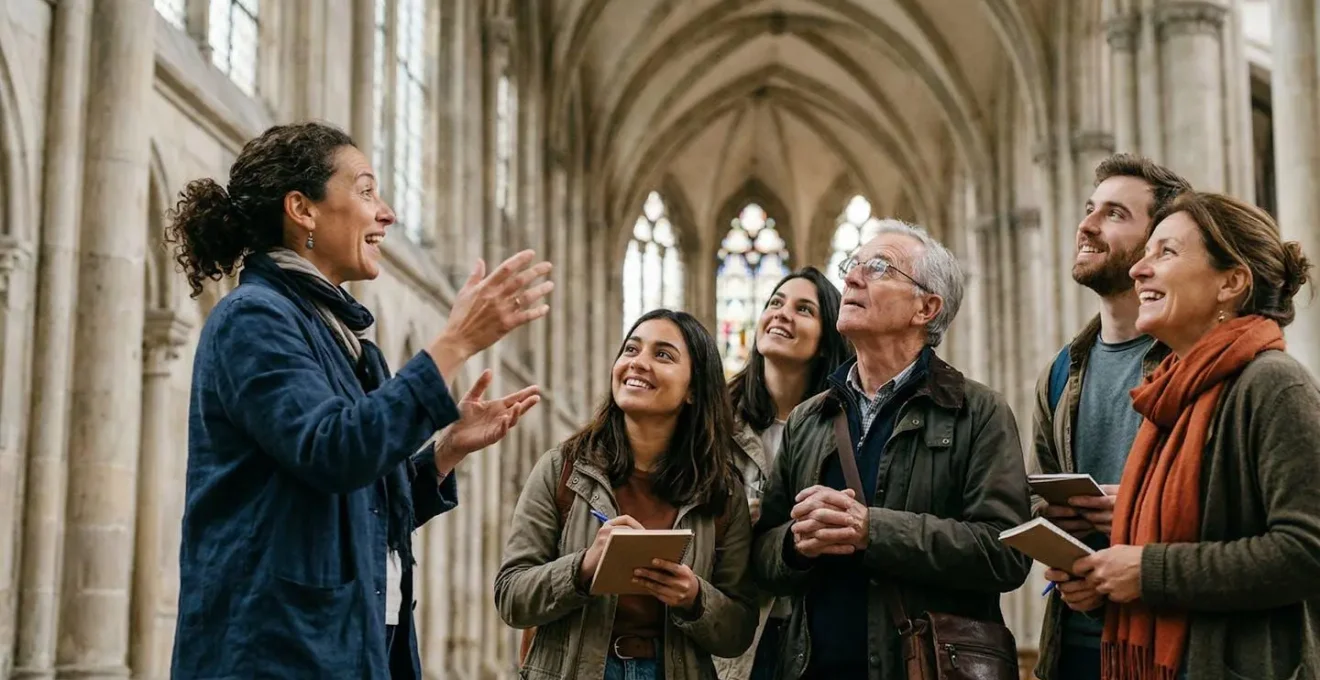 Piccolo gruppo di visitatori ascolta attentamente una guida esperta in un ambiente monumentale e luminoso