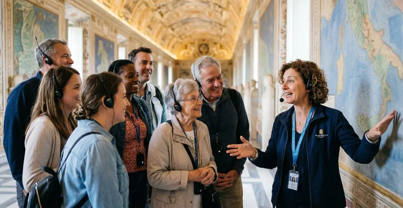 Piccolo gruppo di visitatori con auricolari che ascolta la guida nelle sale affrescate