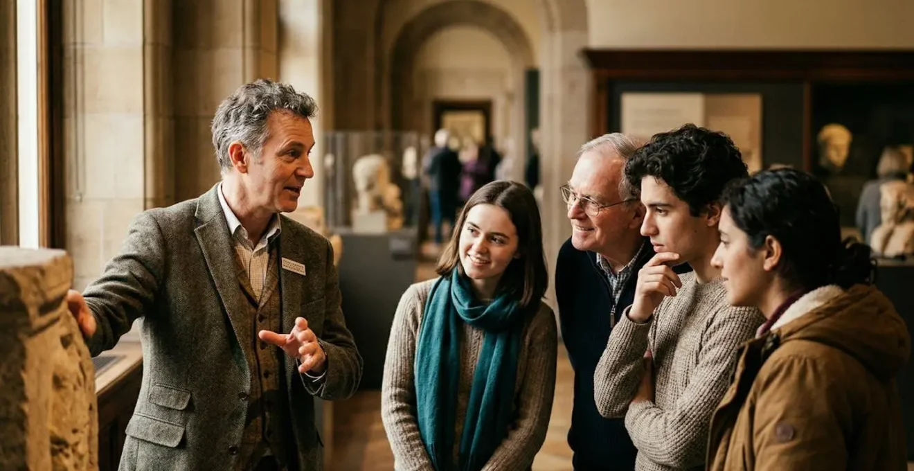Guida turistica specializzata che spiega un'opera a un piccolo gruppo in museo