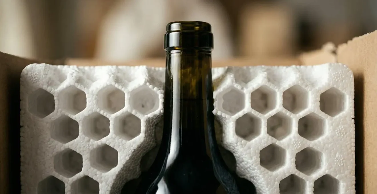 Dettaglio macro di un imballaggio certificato per bottiglie di vino con protezioni in polistirolo