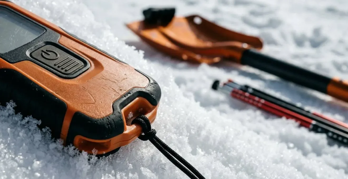 Kit di sicurezza ARTVA, pala e sonda disposti sulla neve