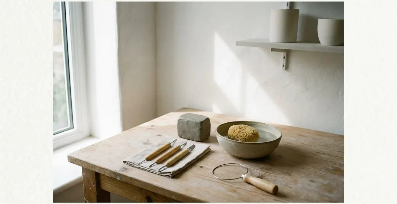 Piano di lavoro domestico con strumenti per ceramica e argilla autoindurente disposti ordinatamente