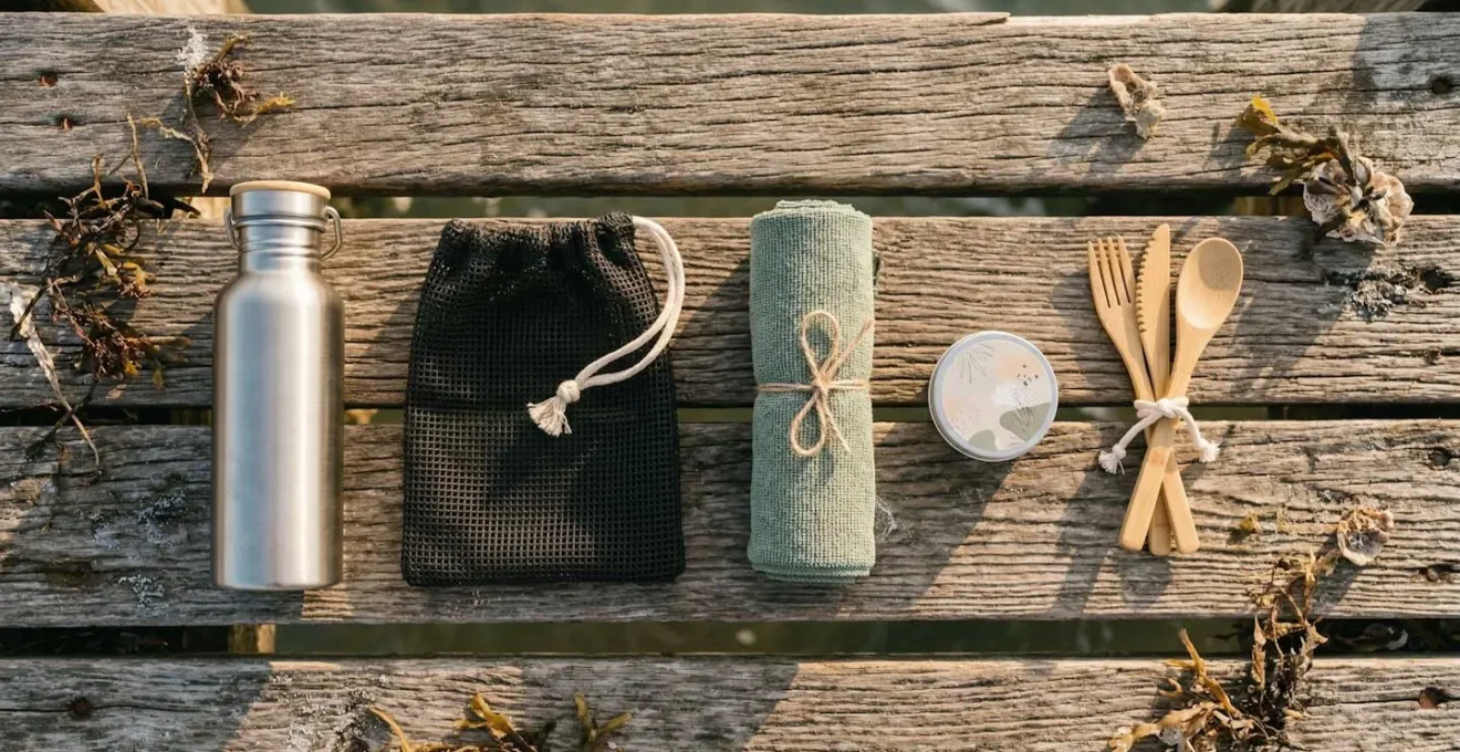 Set di attrezzature eco-sostenibili per subacquei su sfondo naturale
