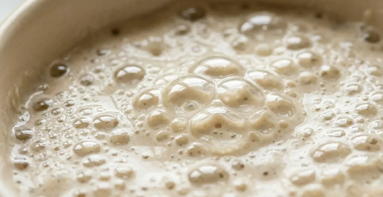 Dettaglio macro della superficie attiva del lievito madre con bollicine di fermentazione