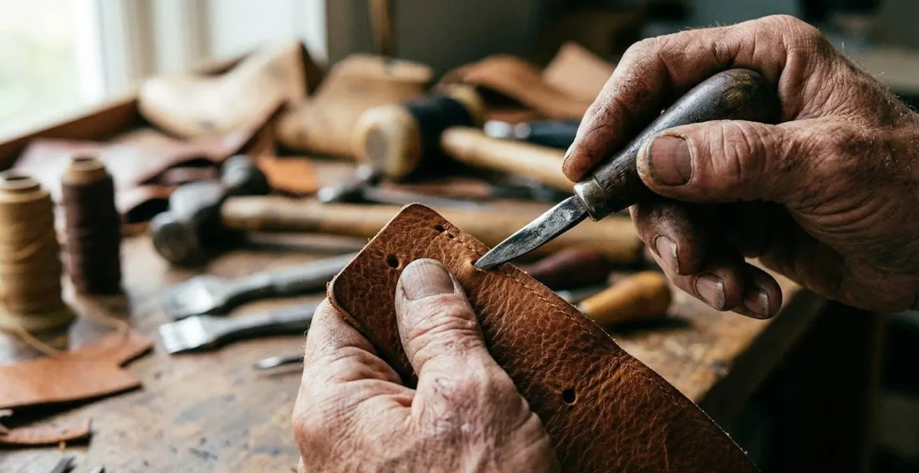 Dettaglio macro delle mani di un artigiano che lavora il cuoio con strumenti tradizionali