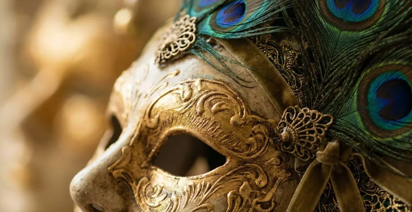 Dettaglio ravvicinato di maschere veneziane tradizionali con decorazioni dorate e piume