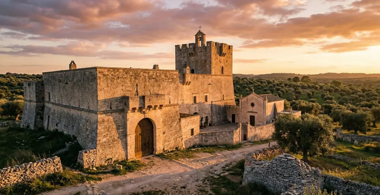 Masseria pugliese fortificata con mura spesse e torre di avvistamento al tramonto