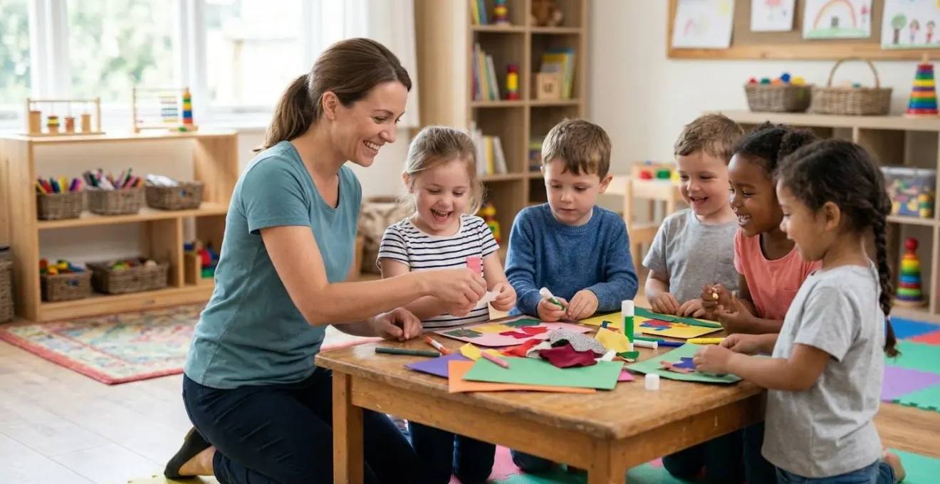 Educatori professionisti che guidano attività creative con bambini in uno spazio mini club attrezzato e sicuro