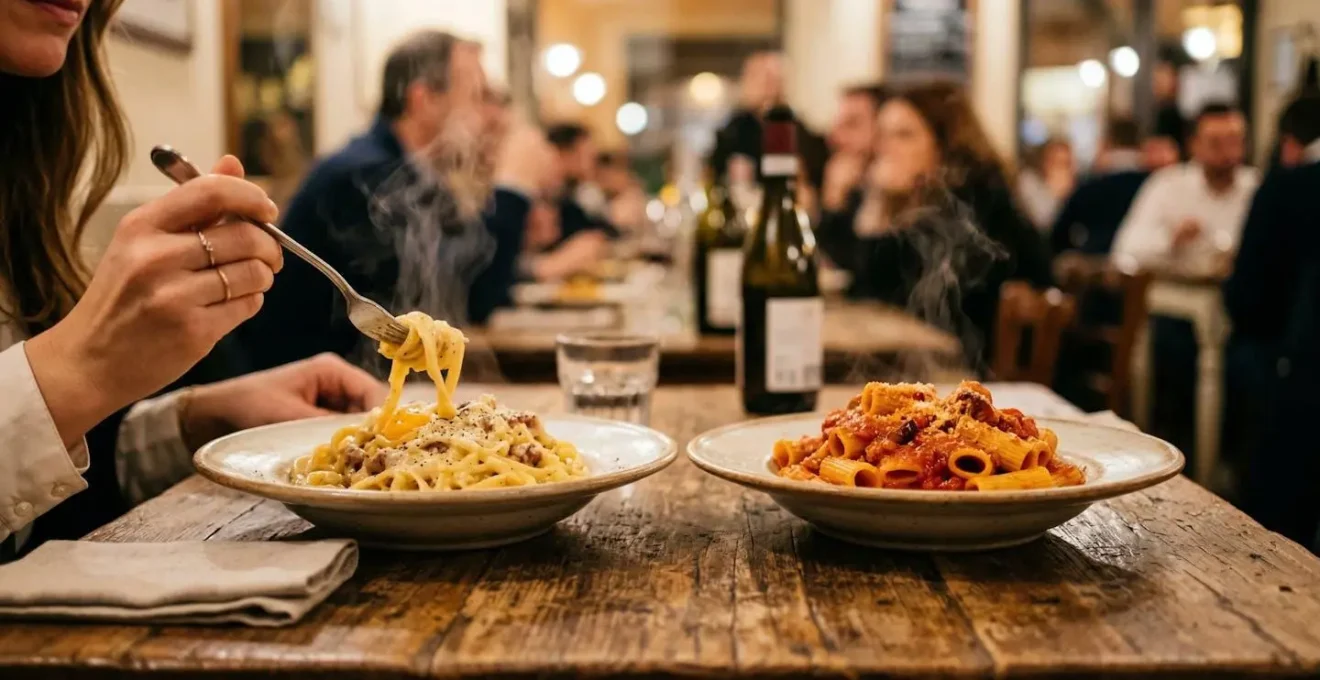 Due piatti di pasta tradizionale romana su tavolo di trattoria