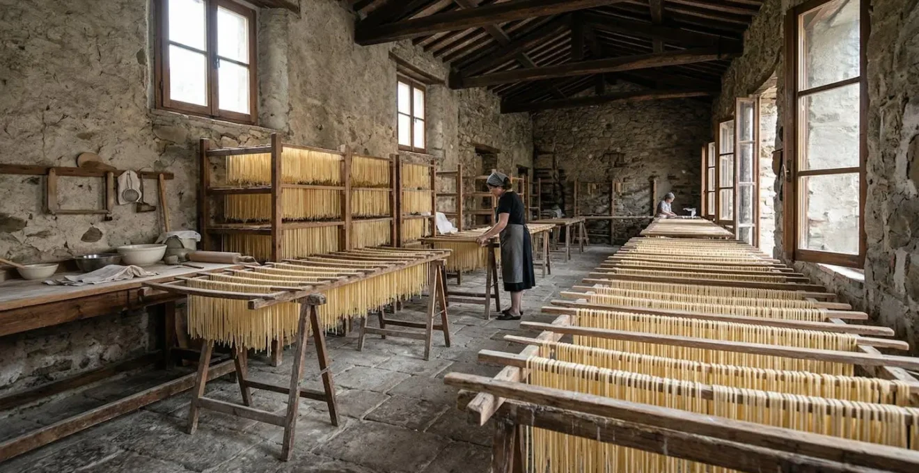 Vista panoramica dell'interno di un piccolo pastificio artigianale con telai di pasta in essiccazione