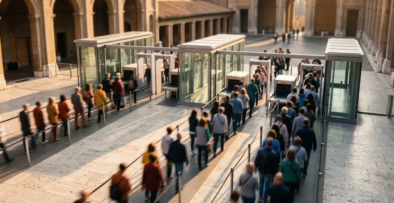 Vista aerea del percorso d'ingresso ai Musei Vaticani con le diverse code e i controlli di sicurezza