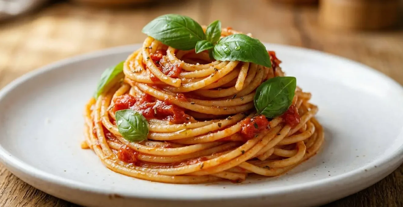 Piatto di pasta con porzione tradizionale italiana su tavola rustica