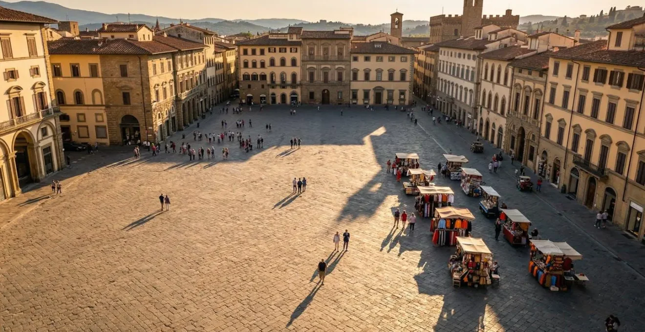 Ampia veduta di una piazza italiana con turisti e venditori ambulanti al tramonto