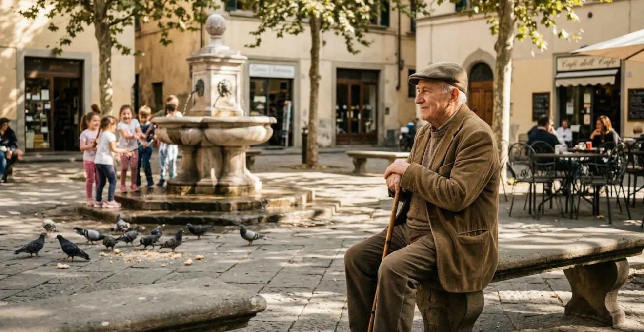Persone sedute in una piazza italiana che osservano la vita locale