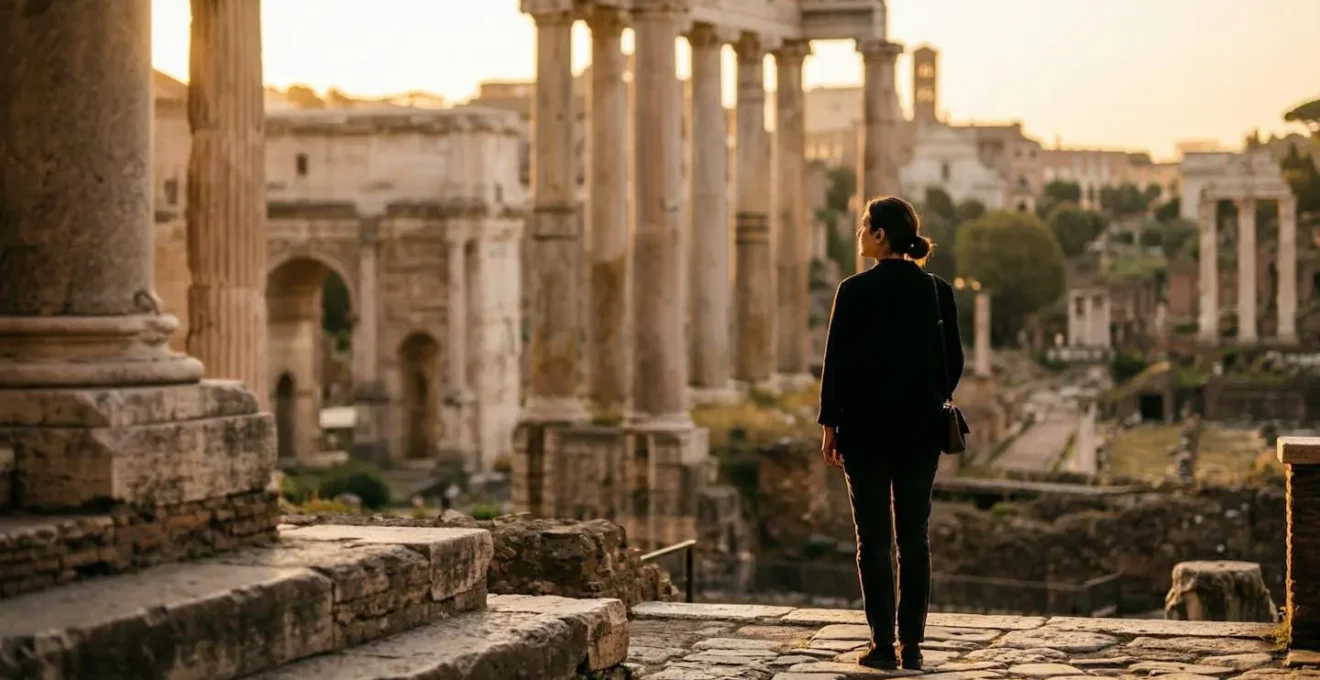 Persona con auricolari nel Foro Romano al tramonto