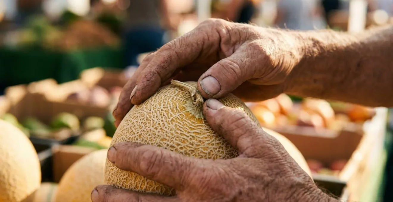 Mani che esaminano un melone al mercato verificando la maturazione