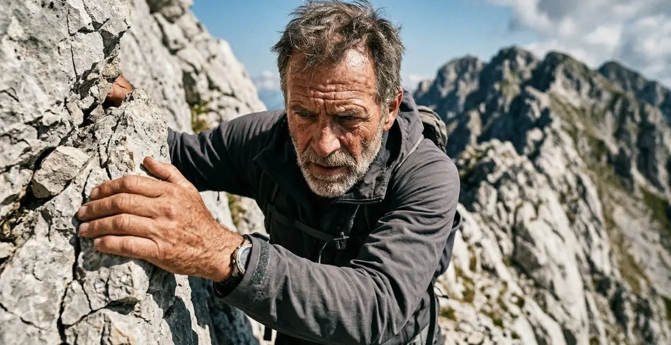 Sentiero di cresta esposto degli Appennini con escursionista esperto su terreno roccioso