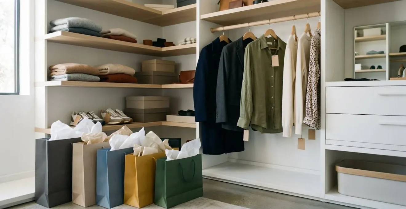 Accumulo di shopping bag e vestiti inutilizzati in un armadio elegante