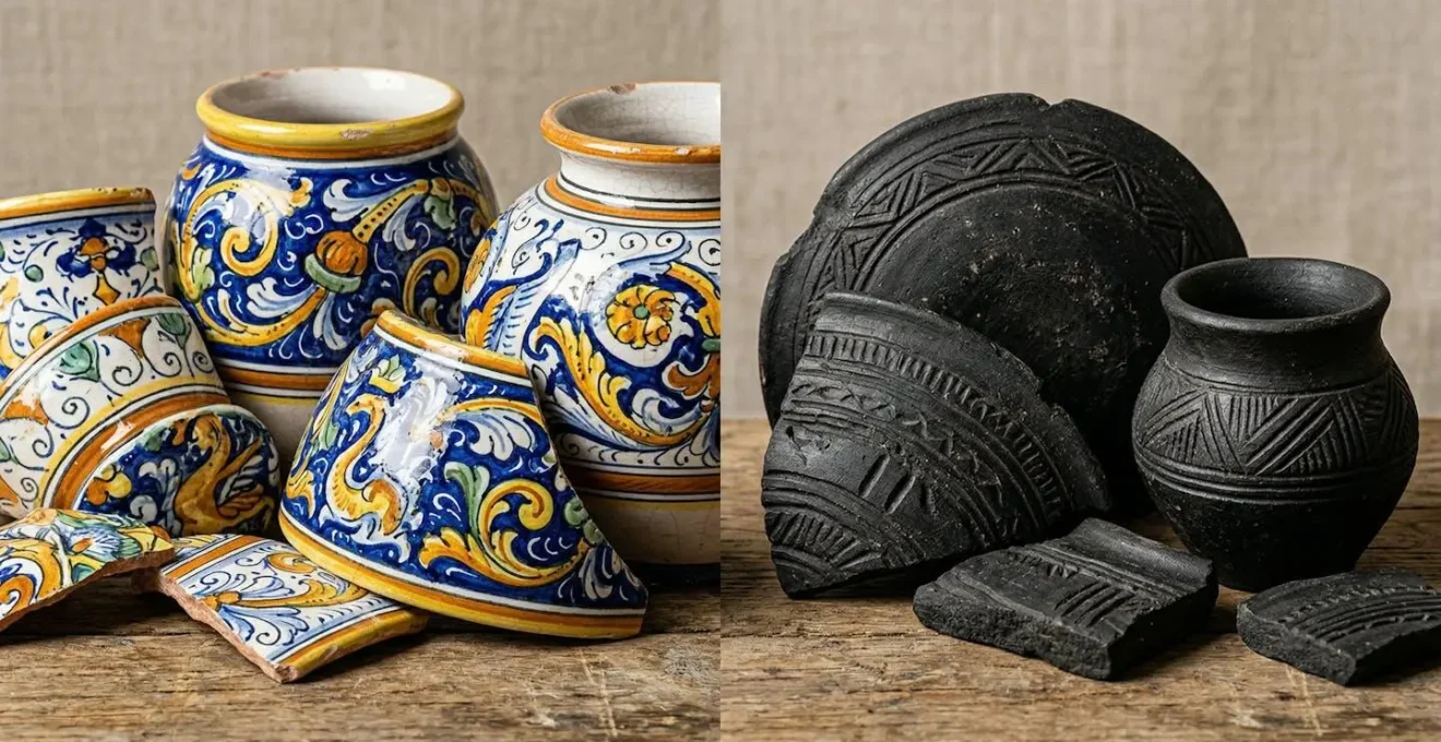 Tavolo con esempi di ceramiche regionali italiane: maiolica di Deruta colorata e bucchero nero etrusco