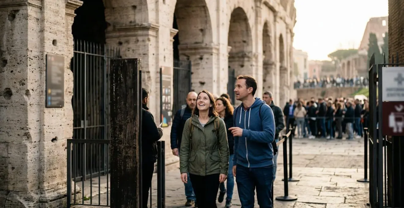 Vista laterale dell'ingresso del Colosseo con turisti che entrano ordinatamente