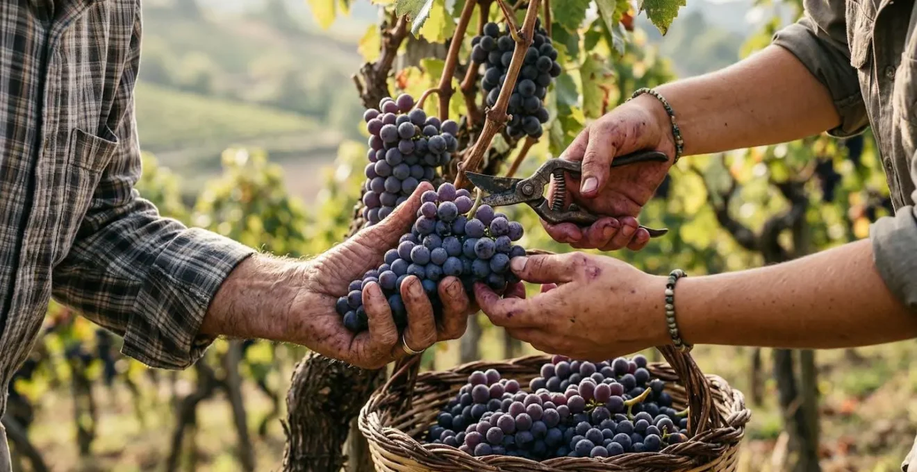 Mani che raccolgono grappoli d'uva durante la vendemmia tradizionale nel Sud Italia