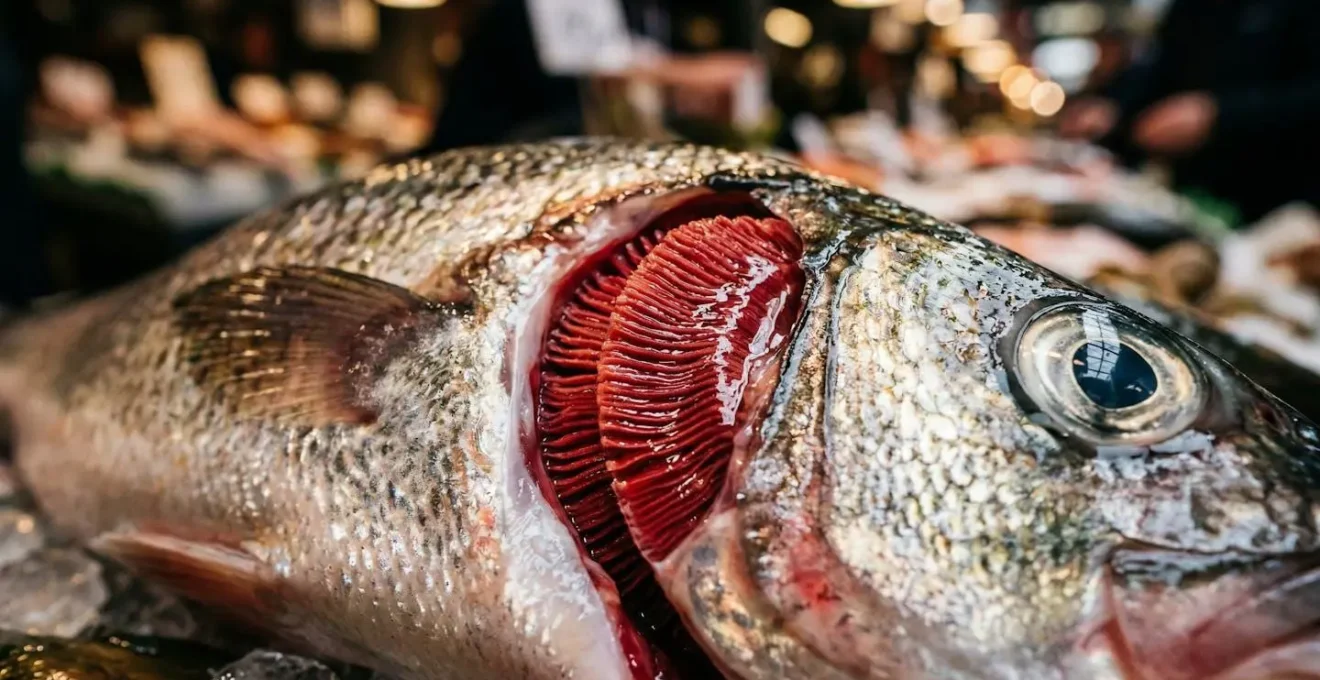 Dettaglio delle branchie rosse di un pesce fresco al mercato