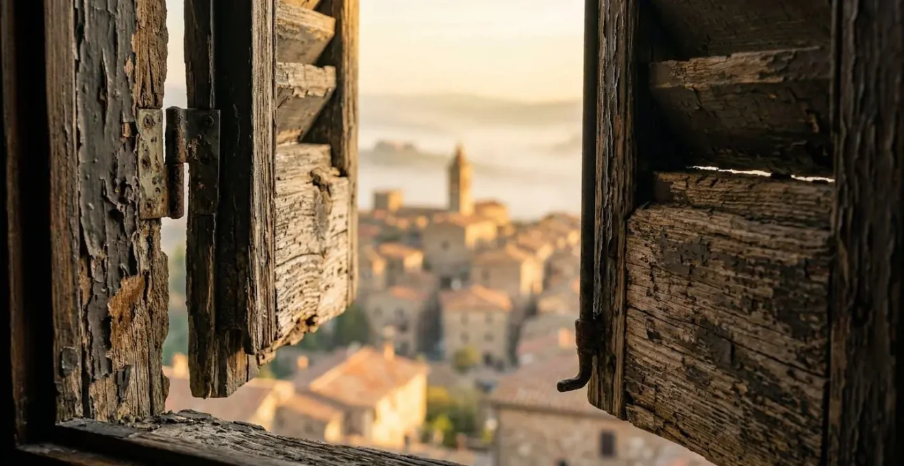 Viaggiatore che osserva un borgo italiano all'alba dalla stessa finestra