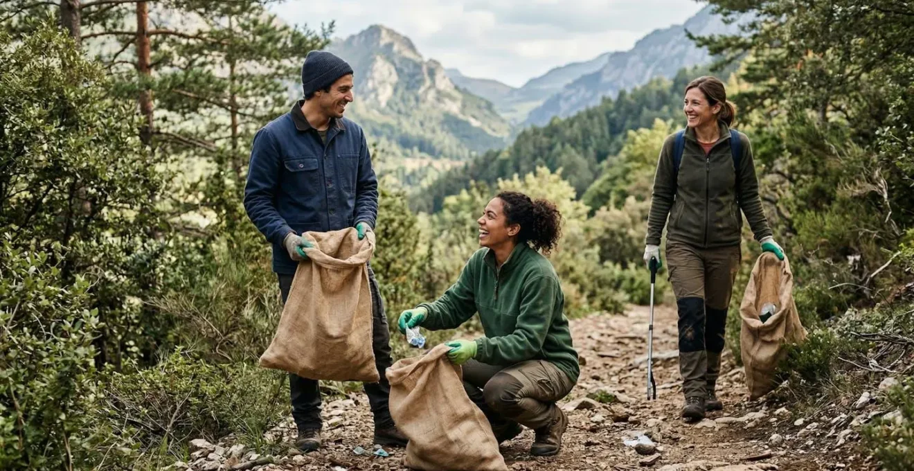 Gruppo di volontari che puliscono un sentiero in un parco naturale italiano