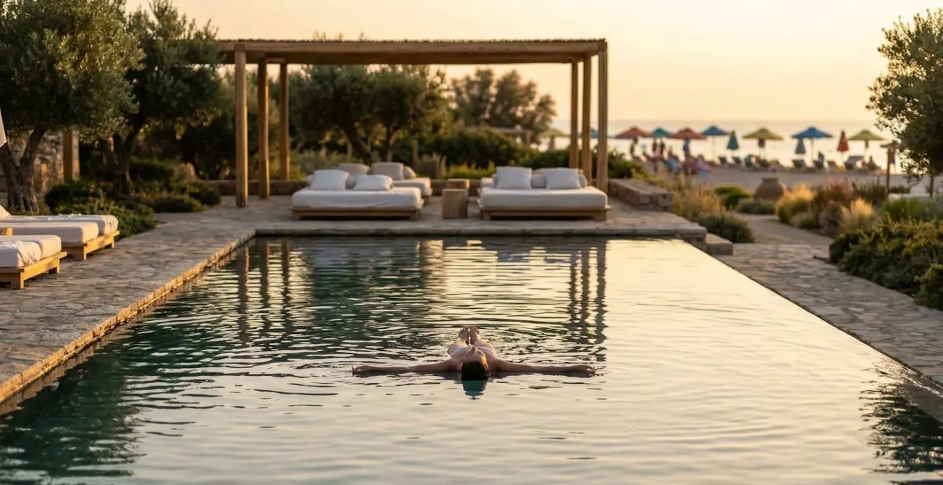 Area piscina adults-only con lettini distanziati, ambiente zen e vista mare in un resort italiano
