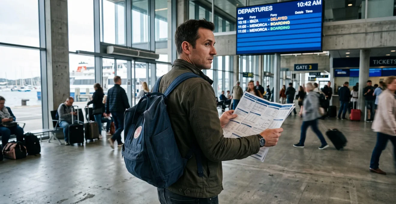 Un viaggiatore consulta l'orario delle traversate nella hall del terminal.